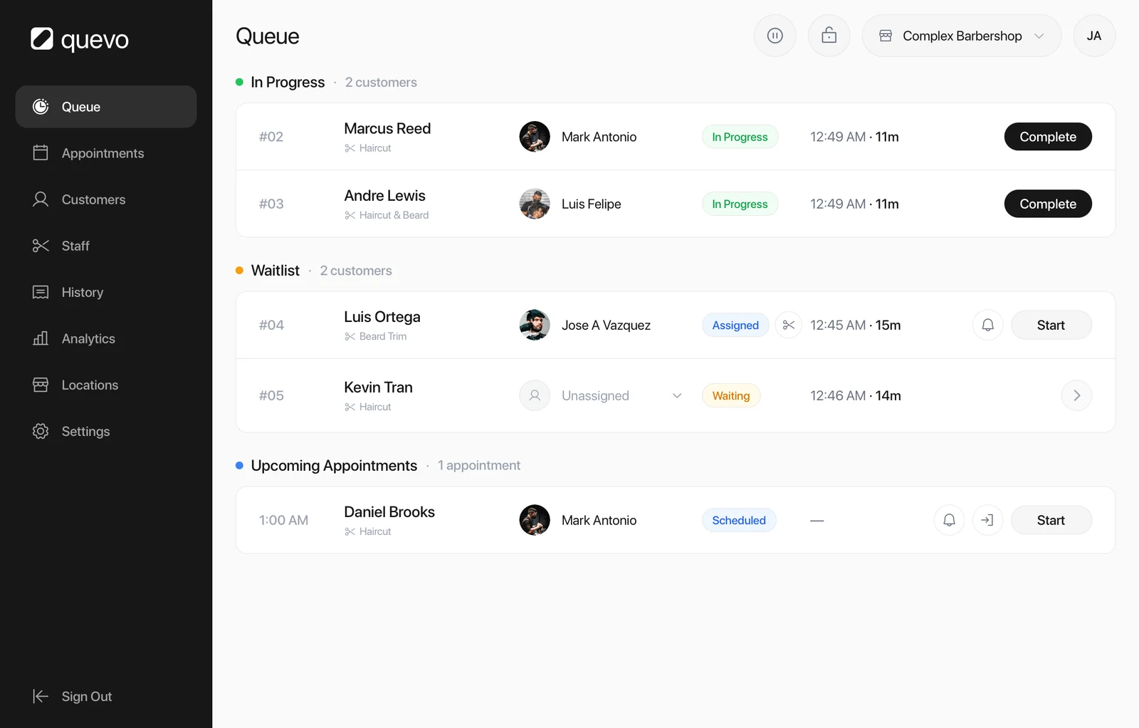 Quevo Business app on iPad showing the live queue: two clients in progress with their barbers, two on the waitlist, and an upcoming appointment